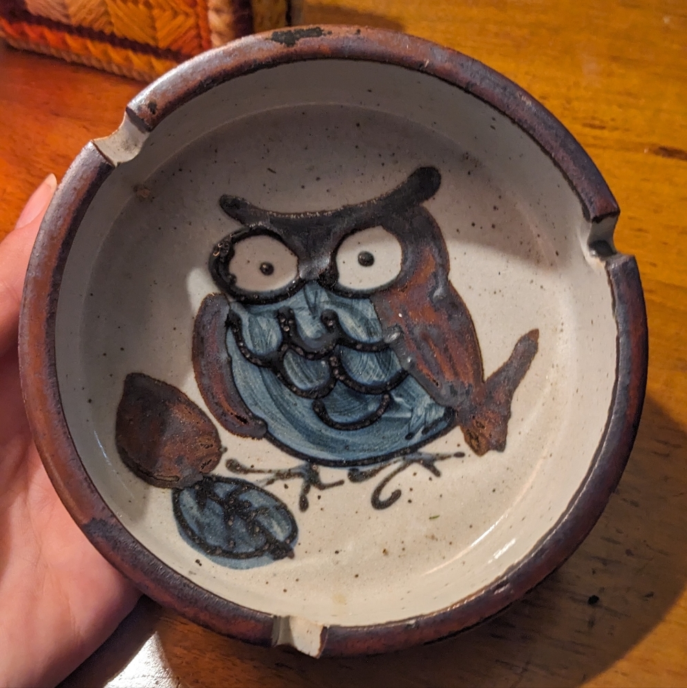 1970s Vintage Stoneware Owl Ashtray